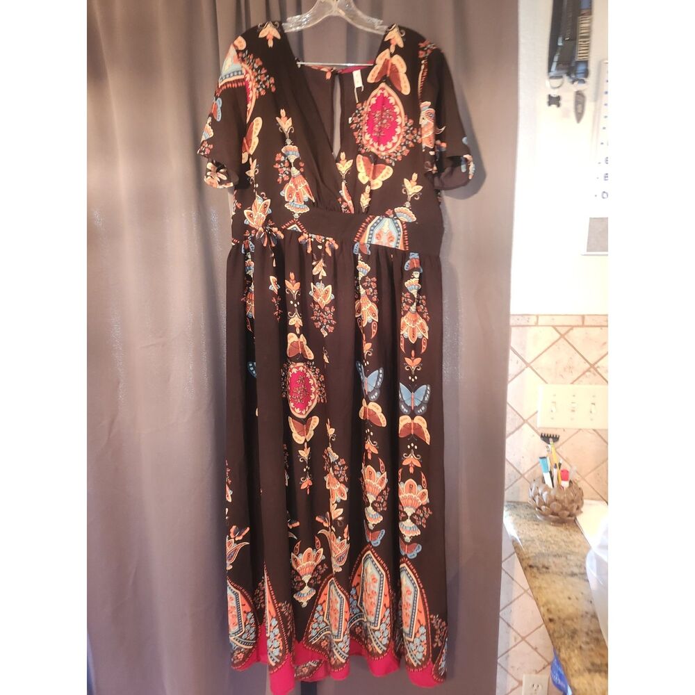 NWT RoseGal Black Oriental Print Maxi Dress Long Sleeve Womens Plus Size 2X 18